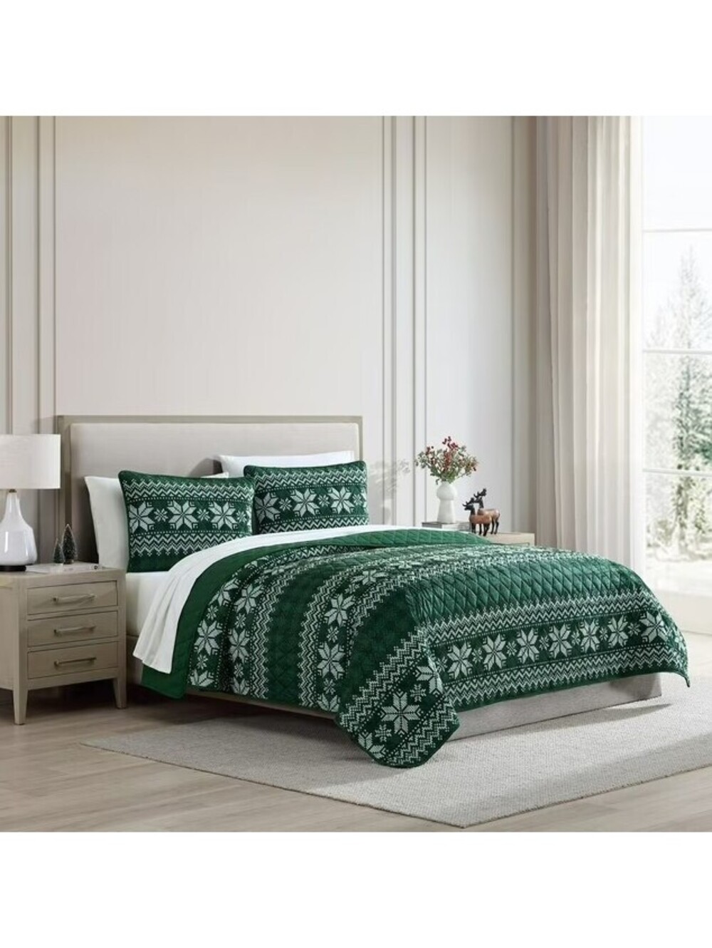 Lenox 3-Piece Quilt Set Snowflake Green KING SIZE